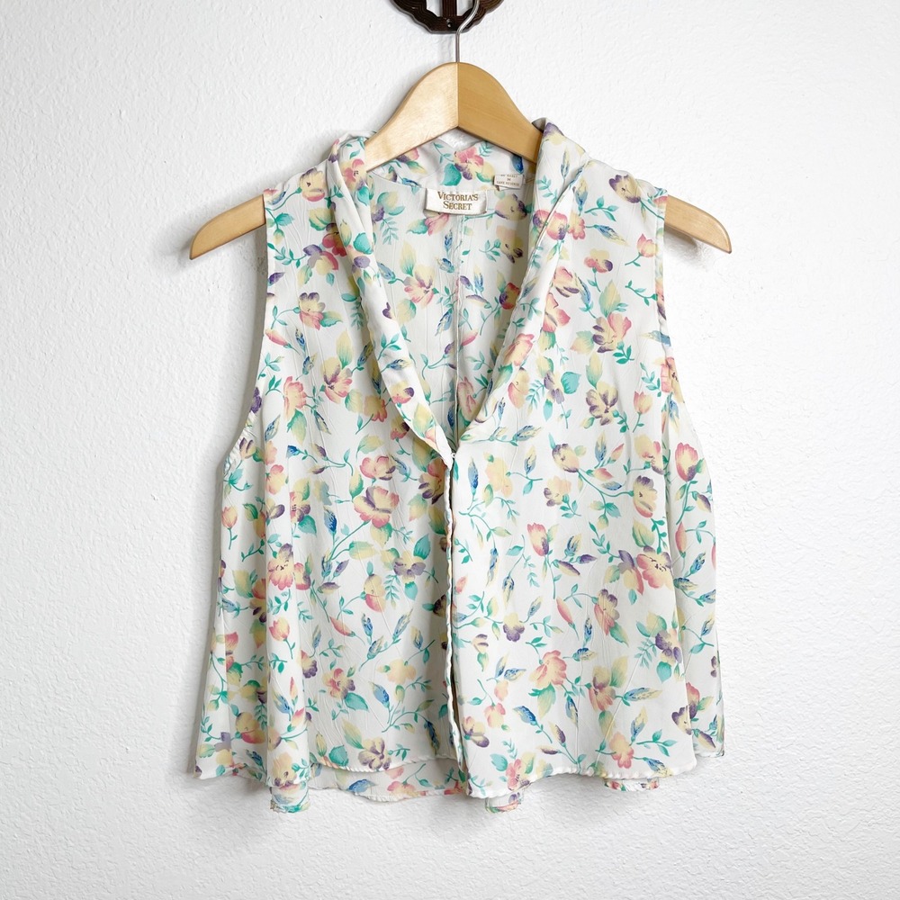 Victorias Secret Vintage Gold Label Floral Sleeveless Blouse Shawl Collar Medium